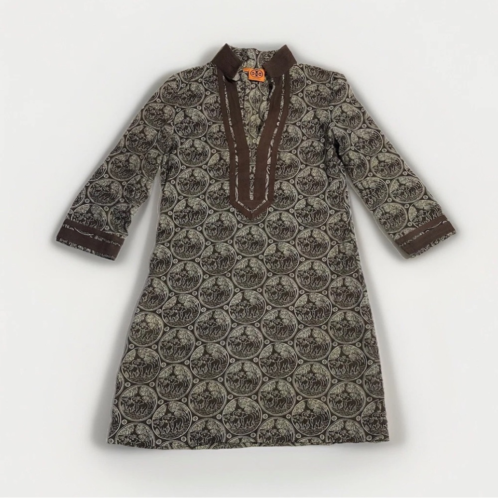 TORY BURCH Women’s Brown White Elephant Print Tunic Style Dress 3/4 Sleeve